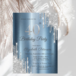 Silver Glitter Drips Blue Metallic 40th Birthday Invitation