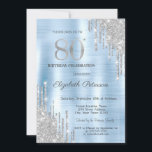 Silver Glitter Drips Blue Metallic 80th Birthday Invitation<br><div class="desc">A modern,  chic and glamorous invitation with glitter drips on a blue metallic background.</div>