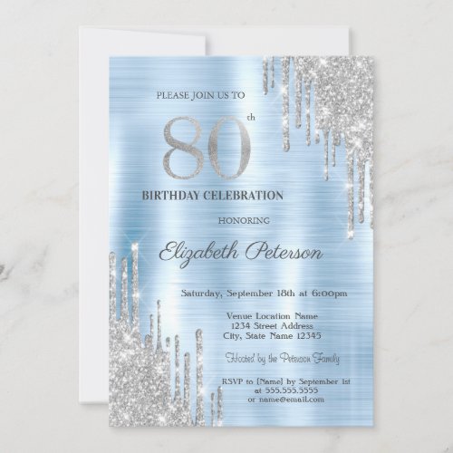  Silver Glitter Drips Blue Metallic 80th Birthday Invitation