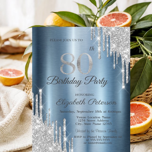 Silver Glitter Drips Blue Metallic 80th Birthday  Invitation (Creator Uploaded)