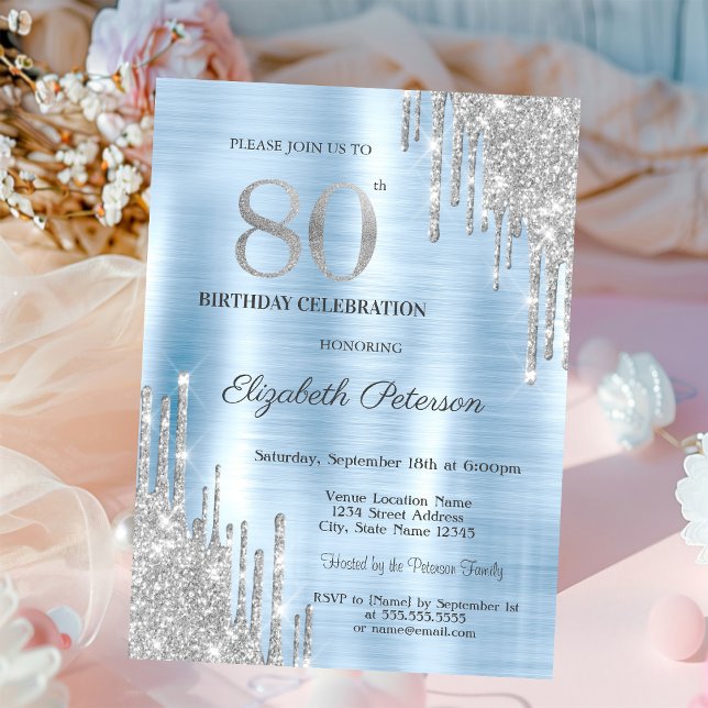  Silver Glitter Drips Blue Metallic 80th Birthday Invitation (Creator Uploaded)