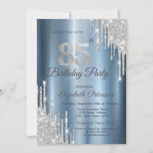Silver Glitter Drips Blue Metallic 85th Birthday  Invitation