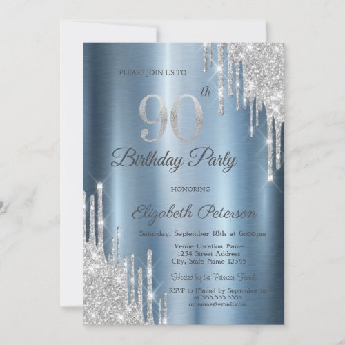 Silver Glitter Drips Blue Metallic 90th Birthday  Invitation