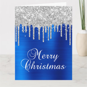 Silver Glitter Drips Blue Metallic Merry Christmas Card