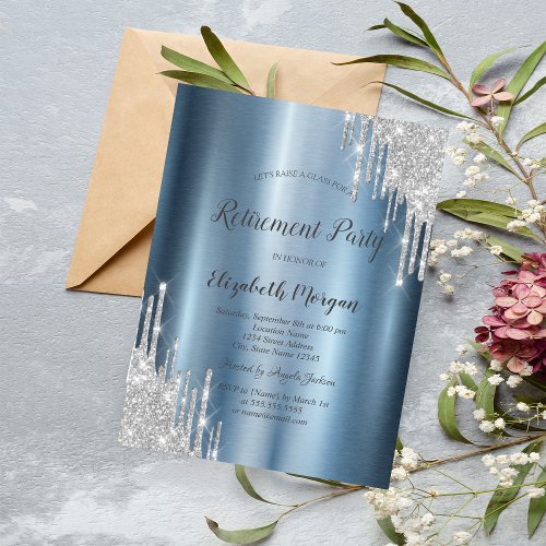 Silver Glitter Drips Blue Metallic Retirement  Invitation