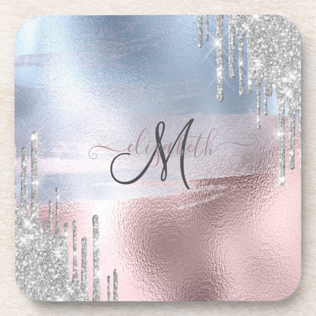 Silver Glitter Drips Blue Rose Gold Metallic  Beverage Coaster (Front)