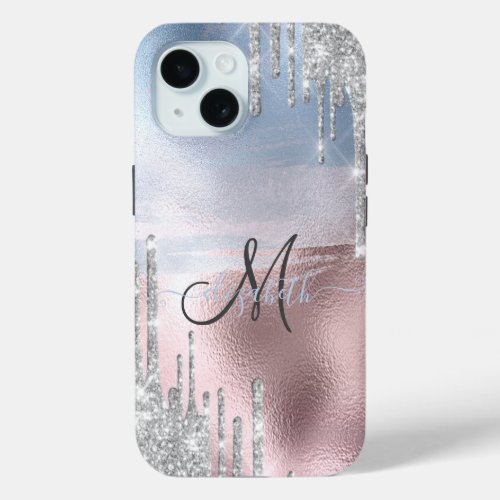 Silver Glitter Drips Blue Rose Gold Metallic  iPhone 15 Case