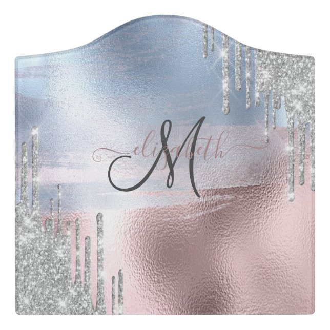 Silver Glitter Drips Blue Rose Gold Metallic  Door Sign (Large Crest Front)