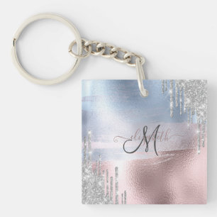 Silver Glitter Drips Blue Rose Gold Metallic Keychain
