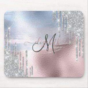 Silver Glitter Drips Blue Rose Gold Metallic Mouse Pad