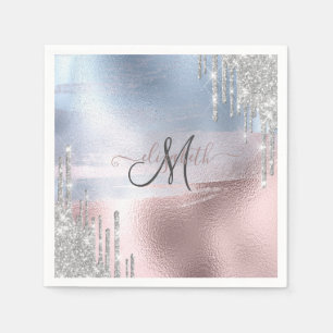 Silver Glitter Drips Blue Rose Gold Metallic Napkins