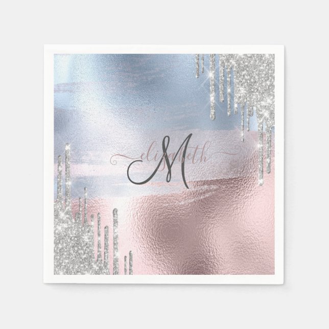 Silver Glitter Drips Blue Rose Gold Metallic  Napkins (Front)