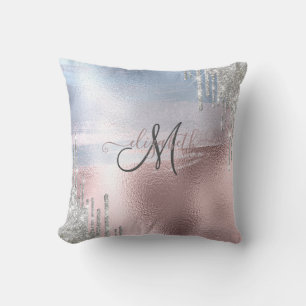 Silver Glitter Drips Blue Rose Gold Metallic Throw Pillow
