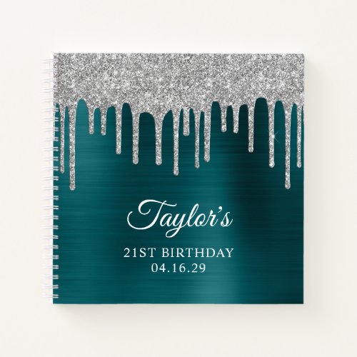 Silver Glitter Drips Blue Teal 21st Birthday Notebook