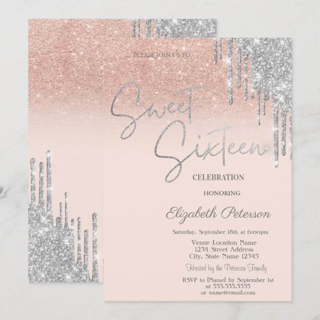 Silver Glitter Drips Blush Pink Sweet 16  Invitation (Front/Back)