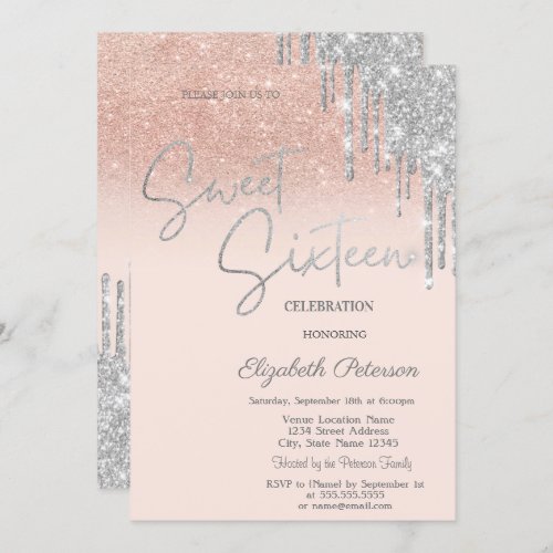 Silver Glitter Drips Blush Pink Sweet 16  Invitation