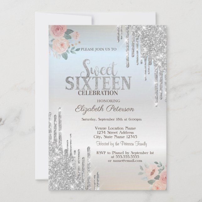 Silver Glitter Drips Boho Roses Silver Sweet 16 Invitation (Front)