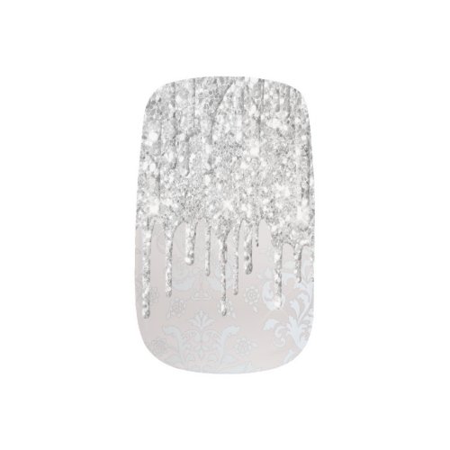 Silver Glitter Drips Bride White Grey Nacre Damask Minx Nail Art