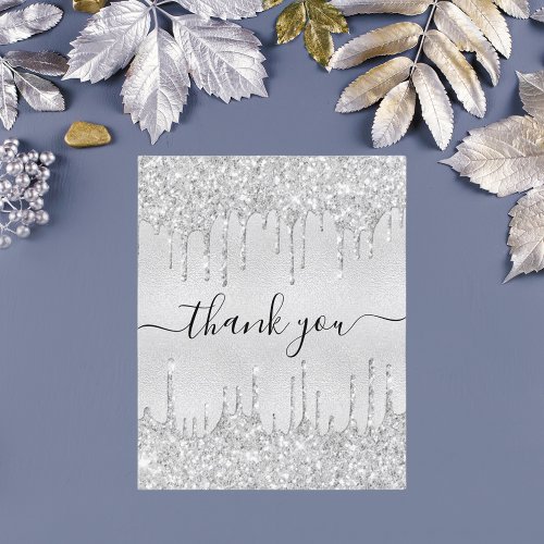 Silver glitter drips budget thank you card