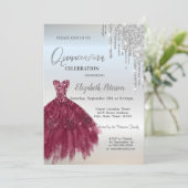 Silver Glitter Drips,Burgundy Dress Quinceañera Invitation (Standing Front)