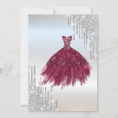 Silver Glitter Drips,Burgundy Dress Quinceañera Invitation (Back)