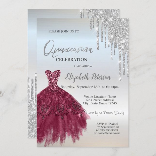 Silver Glitter Drips,Burgundy Dress Quinceañera Invitation (Front/Back)