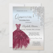 Silver Glitter Drips,Burgundy Dress Quinceañera Invitation (Front)
