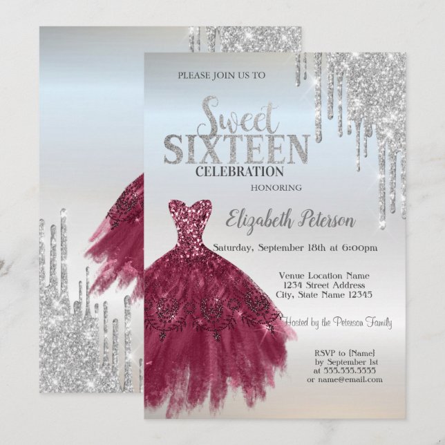 Silver Glitter Drips,Burgundy Dress  Sweet 16 Invitation (Front/Back)