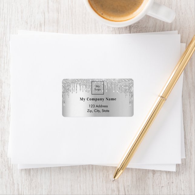 Silver glitter drips business logo return address label (Insitu)