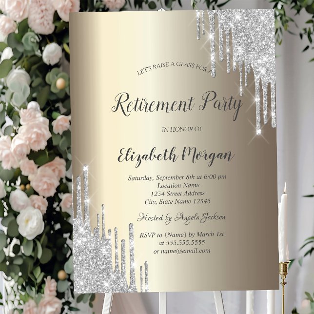 Silver Glitter Drips Champagne Retirement  Invitation (Creator Uploaded)