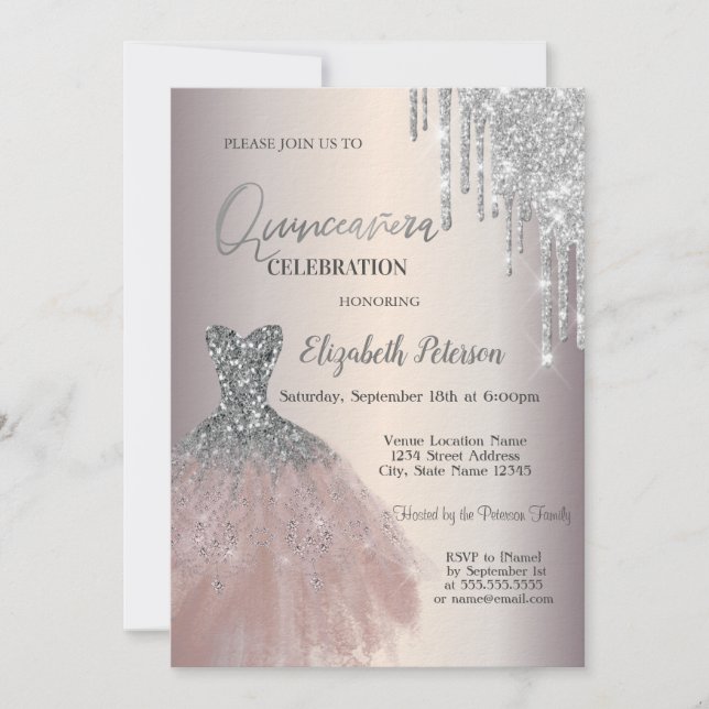 Silver Glitter Drips,Chic Dress Quinceañera Invitation (Front)
