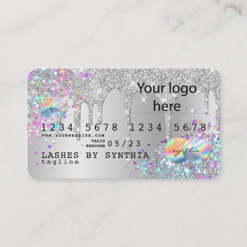 Silver glitter drips Credit Card hologram add logo