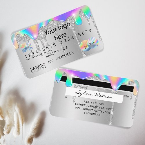 Silver glitter drips Credit Card hologram add logo