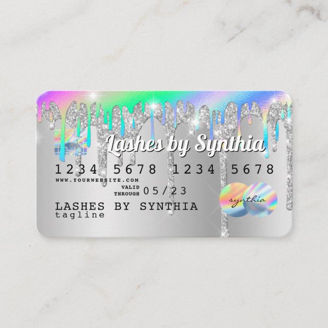 Silver glitter drips Credit Card hologram add name (Front)
