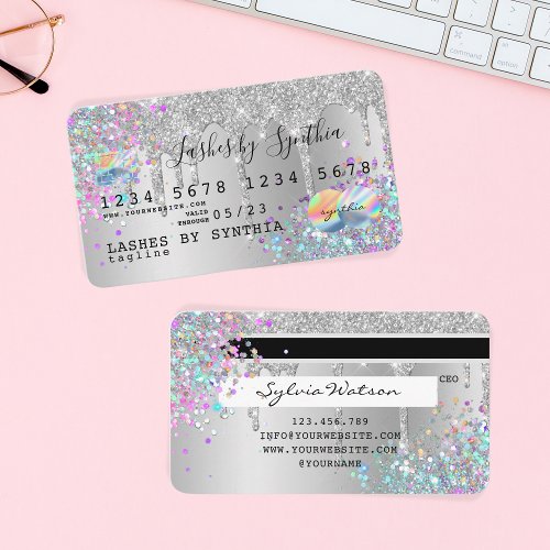Silver glitter drips Credit Card hologram add name