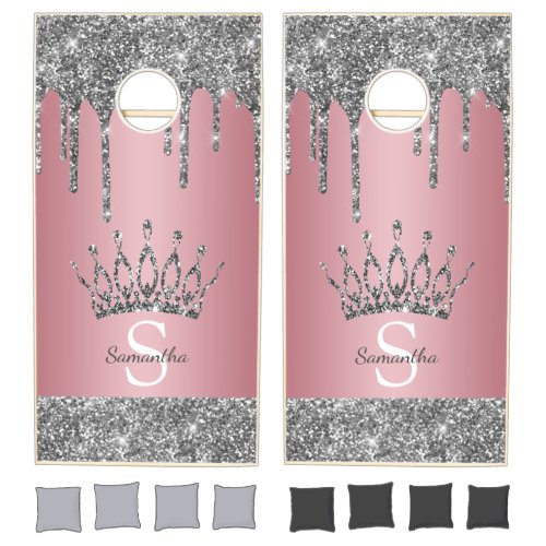 Silver Glitter Drips Crown Rose Gold Pink Monogram Cornhole Set
