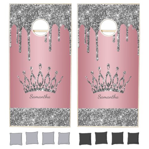 Silver Glitter Drips Crown Rose Gold Pink Name Cornhole Set