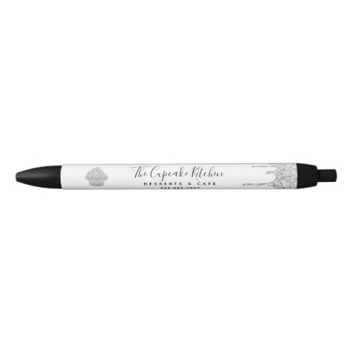 Silver Glitter Drips Cupcake Bakery Pastry Chef  Black Ink Pen