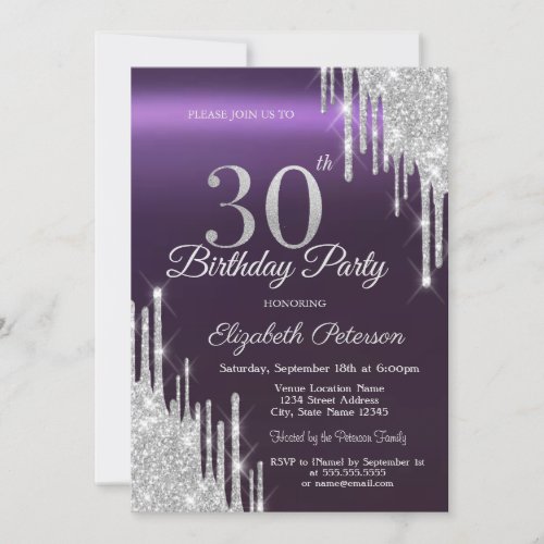 Silver Glitter Drips Dark Purple 30th Birthday   Invitation