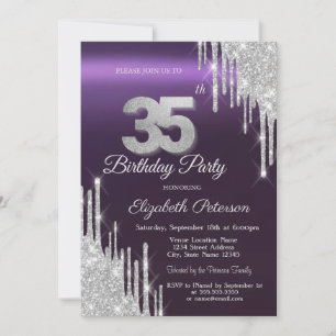 Silver Glitter Drips Dark Purple 35th Birthday   Invitation