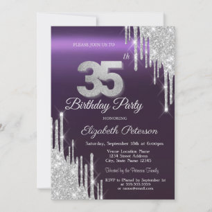 Silver Glitter Drips Dark Purple 35th Birthday Invitation