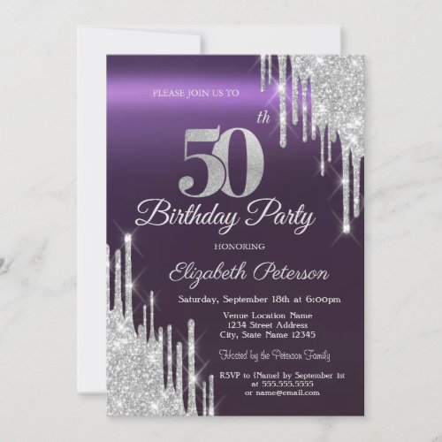 Silver Glitter Drips Dark Purple 50th Birthday   Invitation