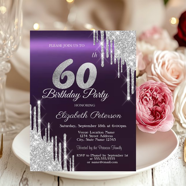 Silver Glitter Drips Dark Purple 60th Birthday   Invitation (Creator Uploaded)