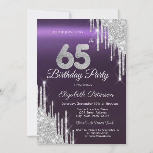 Silver Glitter Drips Dark Purple 65th Birthday   Invitation