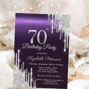Silver Glitter Drips Dark Purple 70th Birthday   Invitation