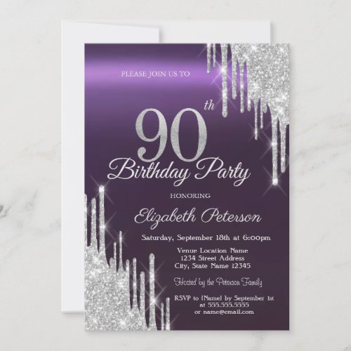  Silver Glitter Drips Dark Purple 90th Birthday   Invitation