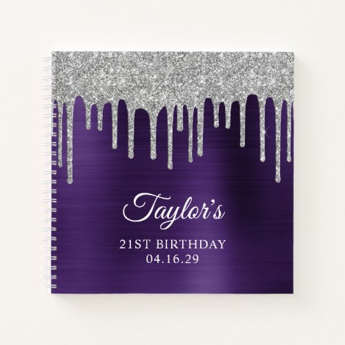 Silver Glitter Drips Dark Violet 21st Birthday Notebook