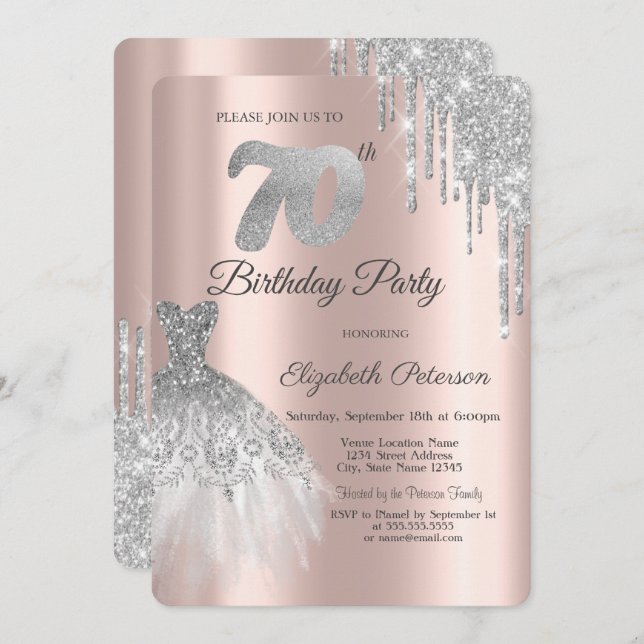Silver Glitter Drips Dress 70th Birthday Party Invitation (Front/Back)