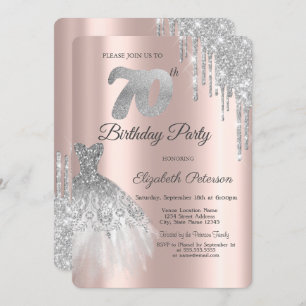 Silver Glitter Drips Dress 70th Birthday Party Invitation