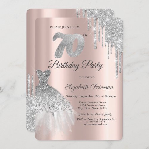 Silver Glitter Drips Dress 70th Birthday Party Invitation